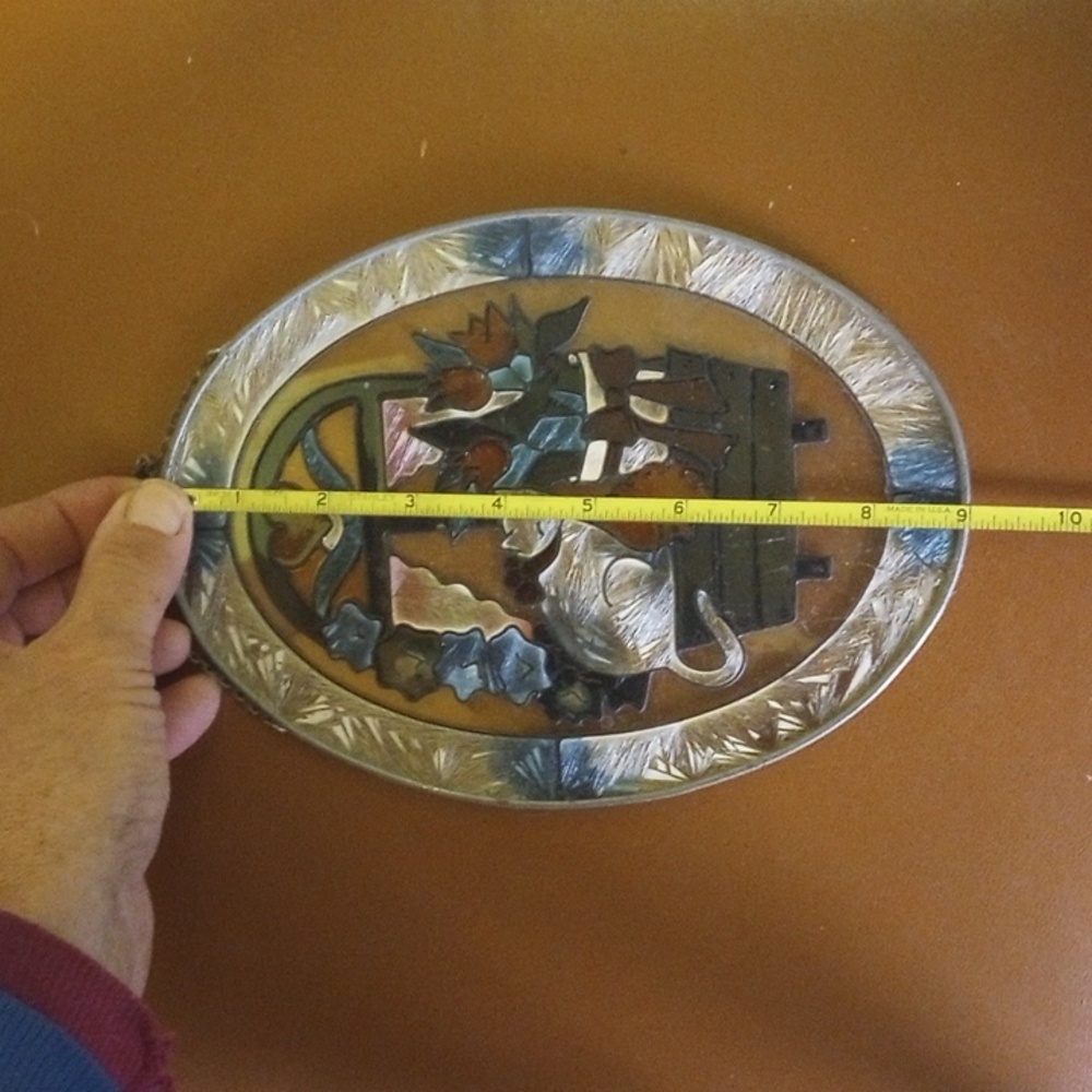 Oval Stained Glass Art. Cat at Window w/ Heart & Tulips. Green Blue Yellow Red - Picture 3 of 5